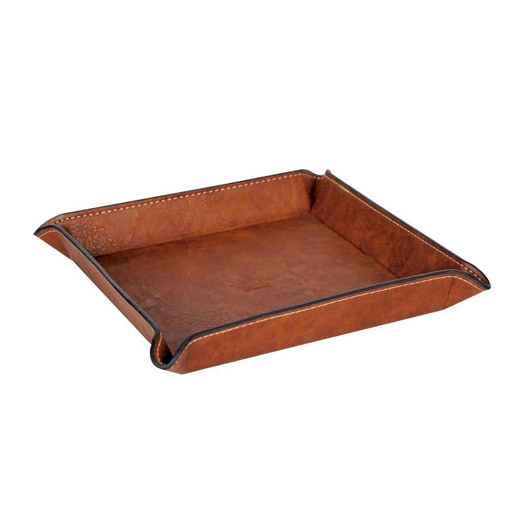 Fully PU Leather Jewelry Catchall Key Phone Wallet Coin Tray Caddy Bedside Storage Tray(Brown Faux leather)