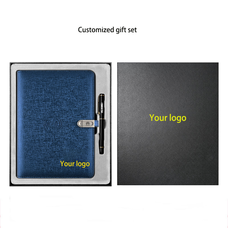 Custom logo Diary notebook with powerbank and card organizer album pocket wireless charger leather notebook agenda