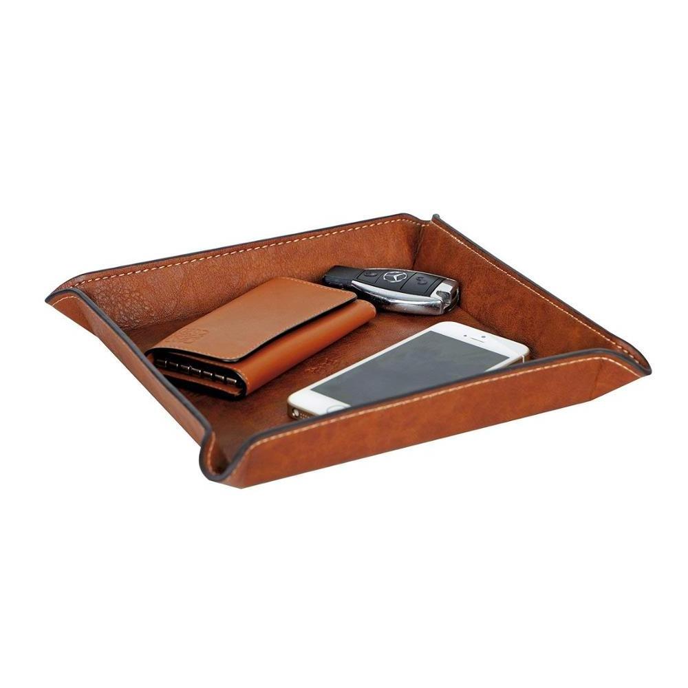 Fully PU Leather Jewelry Catchall Key Phone Wallet Coin Tray Caddy Bedside Storage Tray(Brown Faux leather)