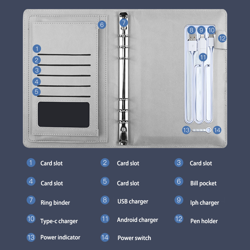 Custom logo Diary notebook with powerbank and card organizer album pocket wireless charger leather notebook agenda
