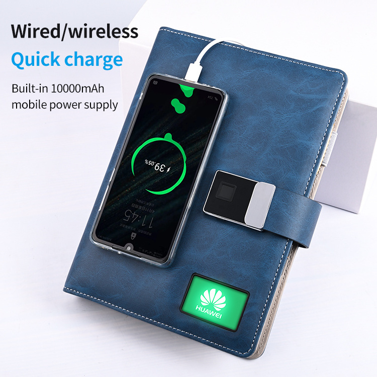 2024 Wireless Charger Advertising LCD Media Video Players Display Finger print Lock Diary Planner Notebook with Power Bank