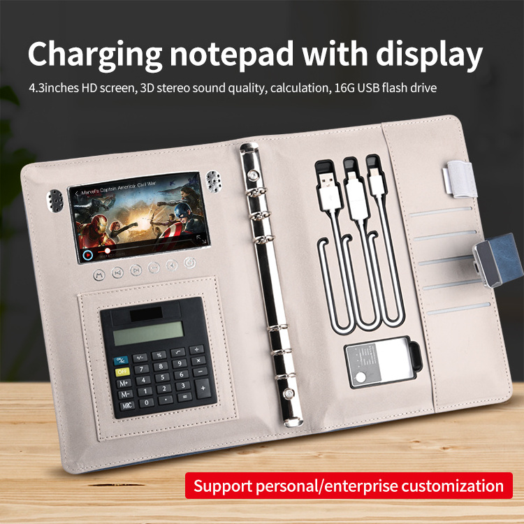 2024 Wireless Charger Advertising LCD Media Video Players Display Finger print Lock Diary Planner Notebook with Power Bank