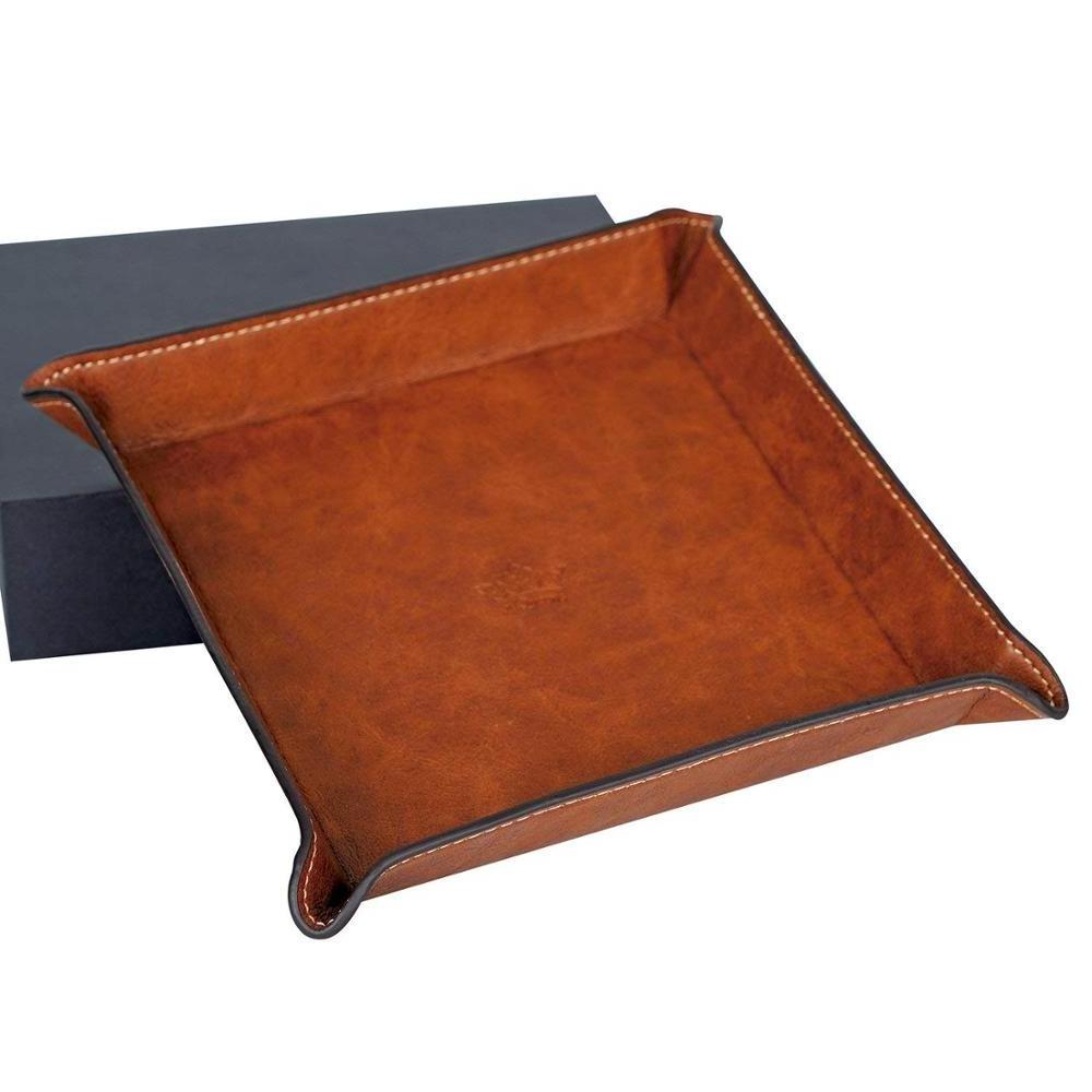 Fully PU Leather Jewelry Catchall Key Phone Wallet Coin Tray Caddy Bedside Storage Tray(Brown Faux leather)