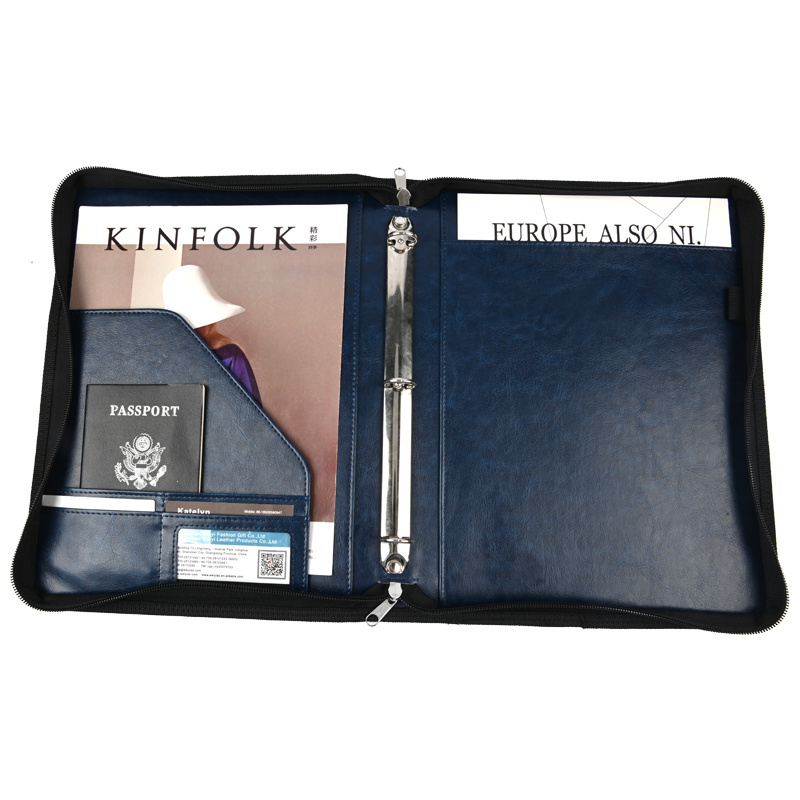 Custom 3 Ring Binders File Folder Custom Travel Holder Zippered A4 PU leather Portfolio Folder With Handle