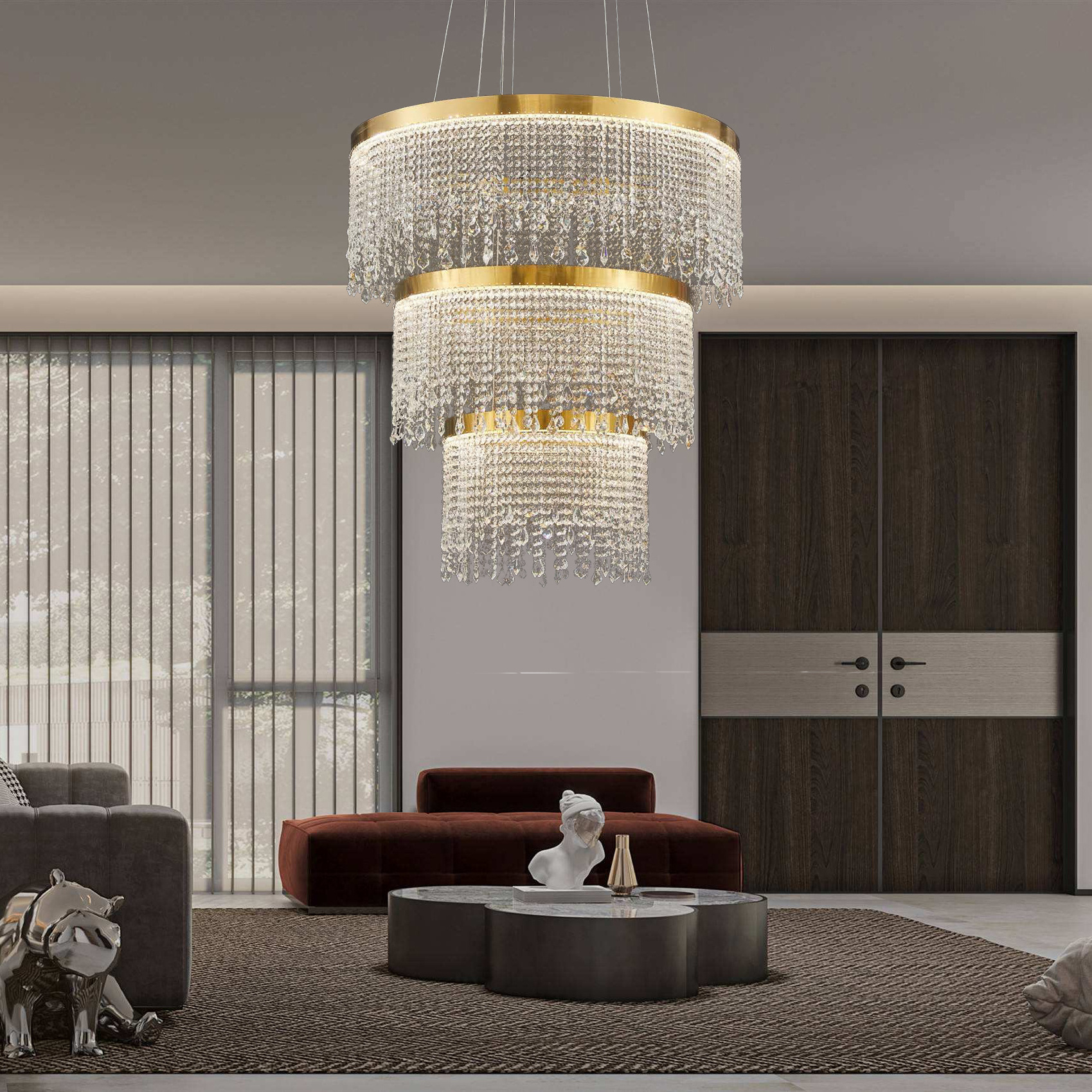 Hotel Villa Living Room Art Deco Stair Glass Bead Copper Ring Lamp Modern Gold Luxury Lighting K9 Crystal Ceiling Chandelier