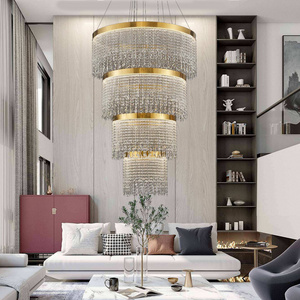 Hotel Villa Living Room Art Deco Stair Glass Bead Copper Ring Lamp Modern Gold Luxury Lighting K9 Crystal Ceiling Chandelier