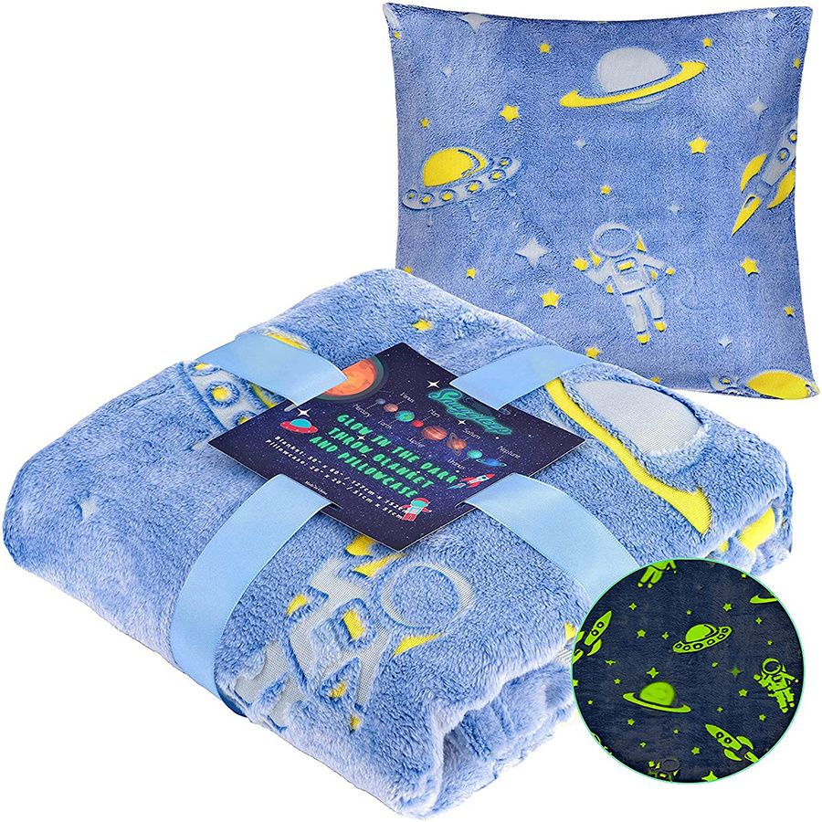 Wholesale Luminous Throw Blanket With Pillow Custom Unicorn Dinosaur Stars Pattern Magic Glow In The Dark Blanket For Kids