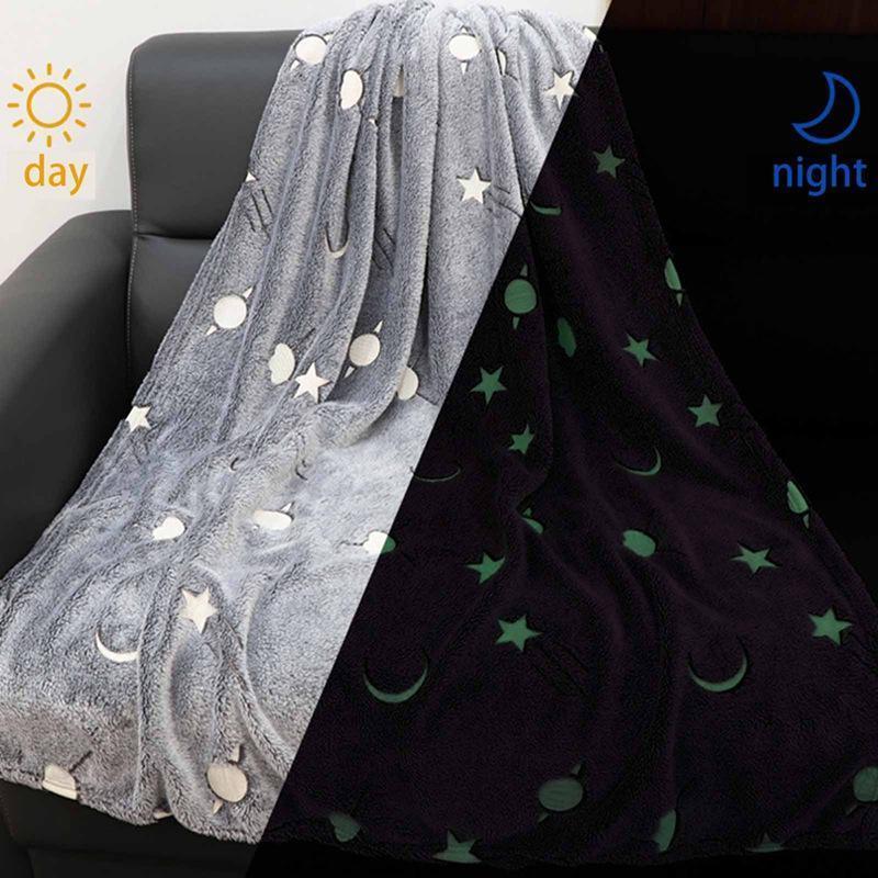 100% Polyester Custom Moon Stars Pattern Flannel Fleece Luminous Blanket Glow In The Dark Throw Blankets For Kids