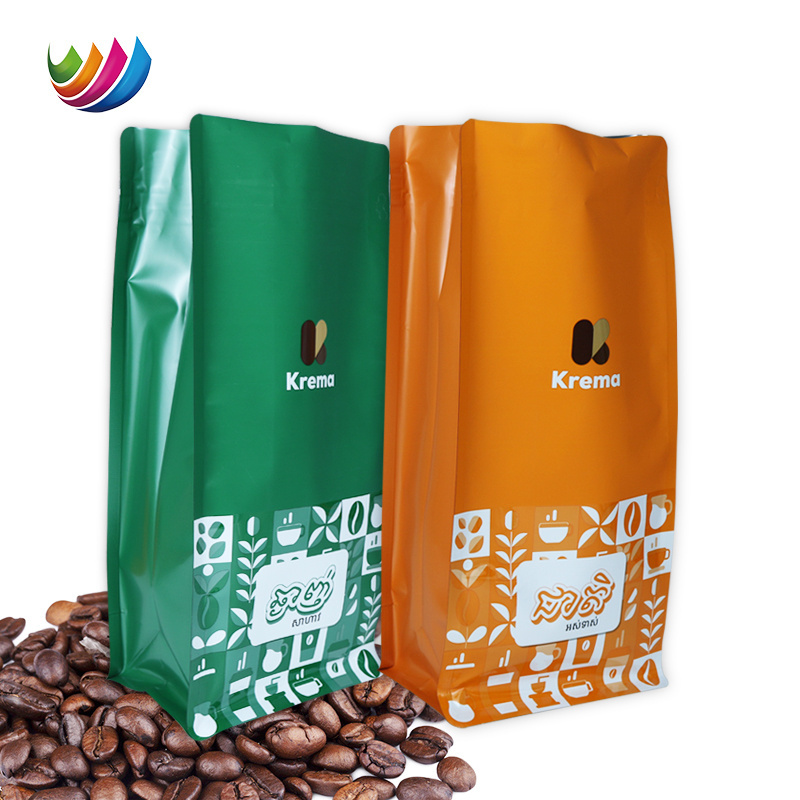 Custom UV printed PET pe 1kg 500g 250g coffee beans plastic packaging aluminum foil flat bottom coffee bag with valve and zipper