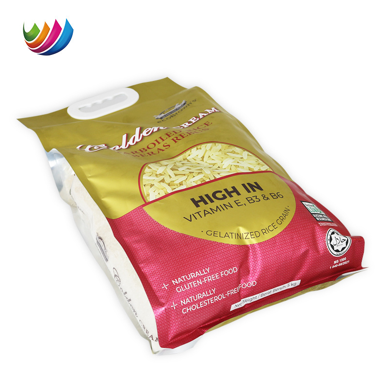 Custom rice wheat flour packaging bag stand up pouch laminated 1kg 2kg 5kg 10kg nylon rice plastic packing bag with handle