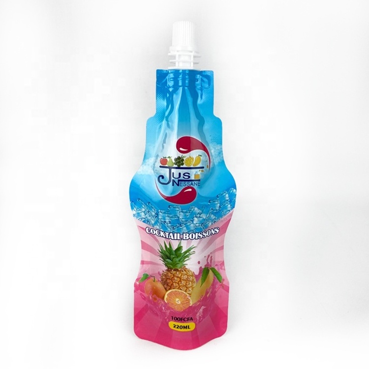 Custom printed doypack bag liquid apple juice bottle shaped pouch nozzle aluminum foil stand up spout pouch