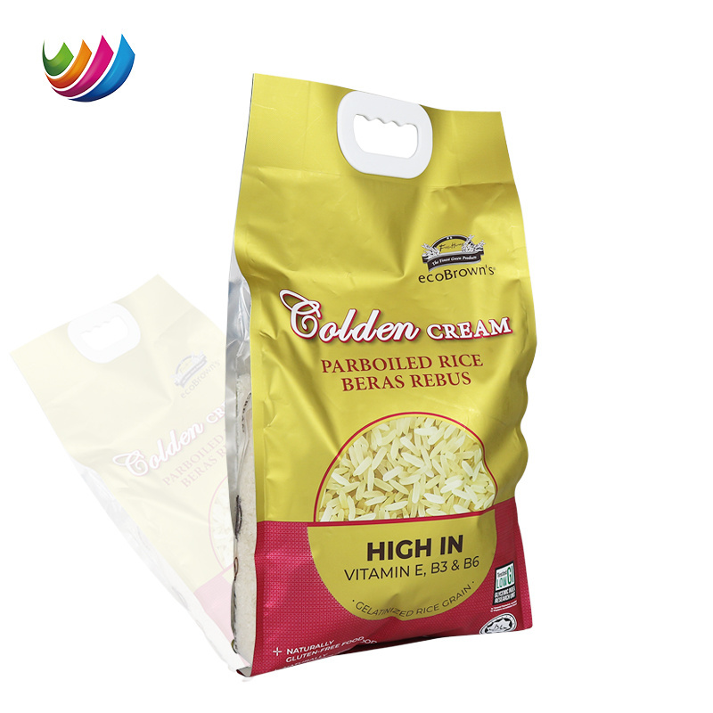 Custom rice wheat flour packaging bag stand up pouch laminated 1kg 2kg 5kg 10kg nylon rice plastic packing bag with handle