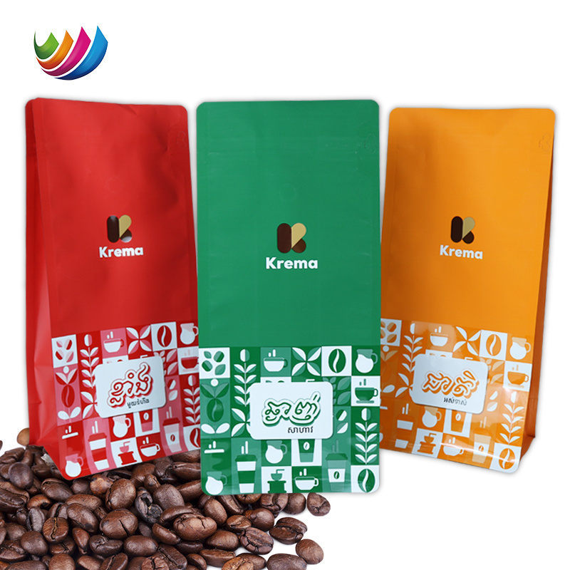 Custom UV printed PET pe 1kg 500g 250g coffee beans plastic packaging aluminum foil flat bottom coffee bag with valve and zipper