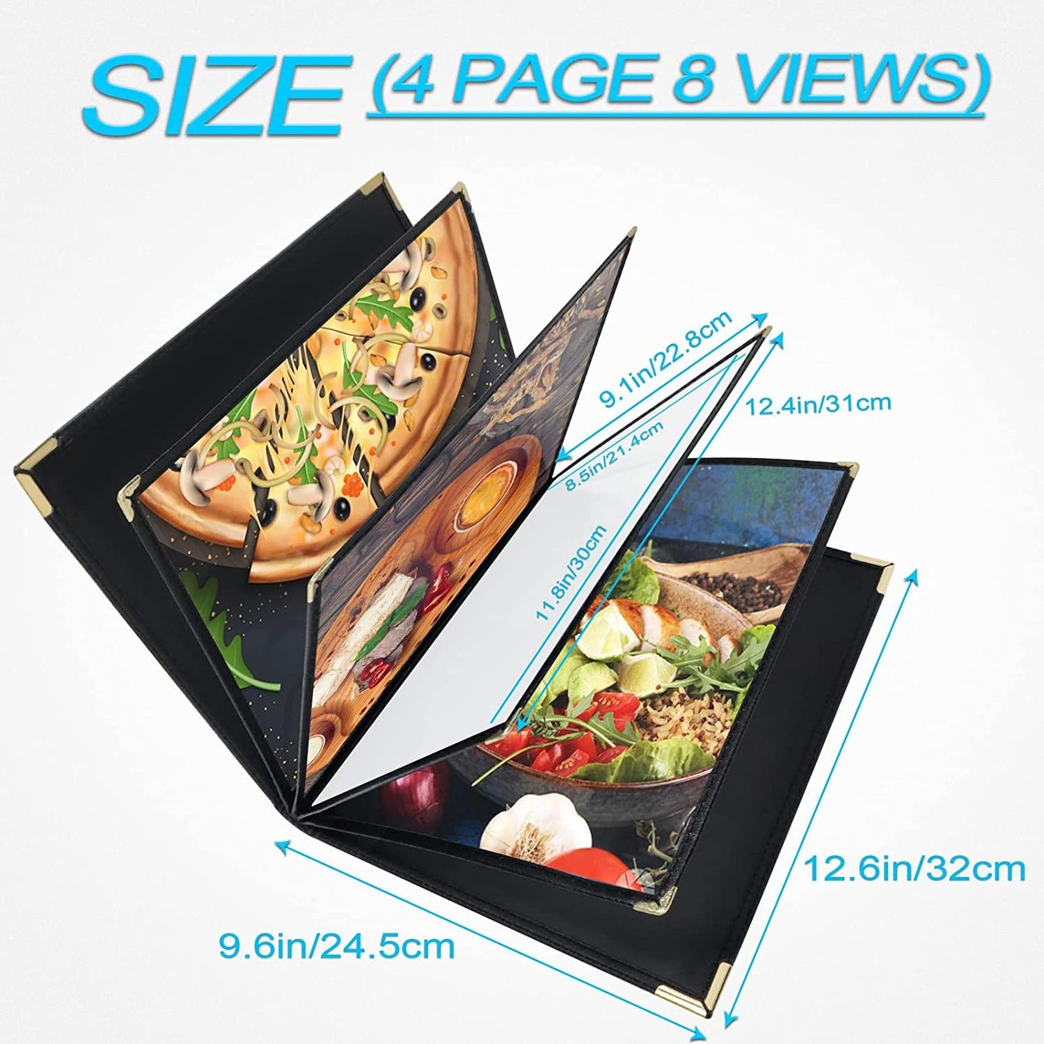 Customized OEM High-end Menu Holder Display 4 Panels 8 Views Luxury Leather Menu Holder with Gold Metal Corners for Restaurant