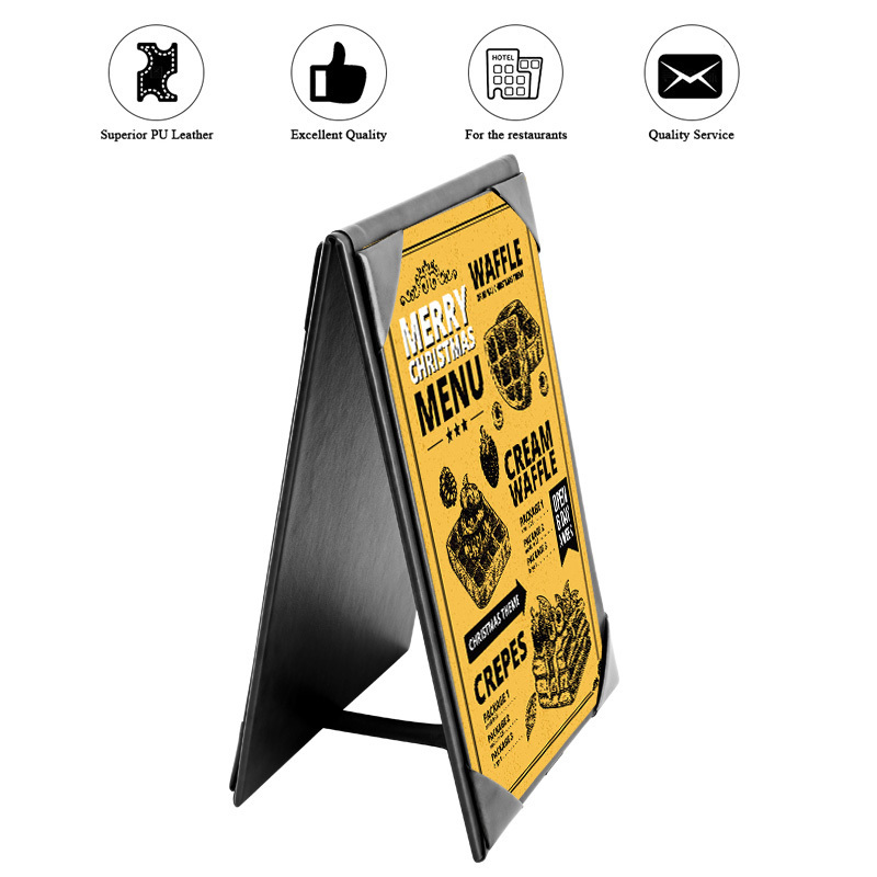 PU Table Tents Black PU Leather Menu Holders Bulk Double Sided Frame Menu Sign Holders 2 Side Menu Folder for Restaurant