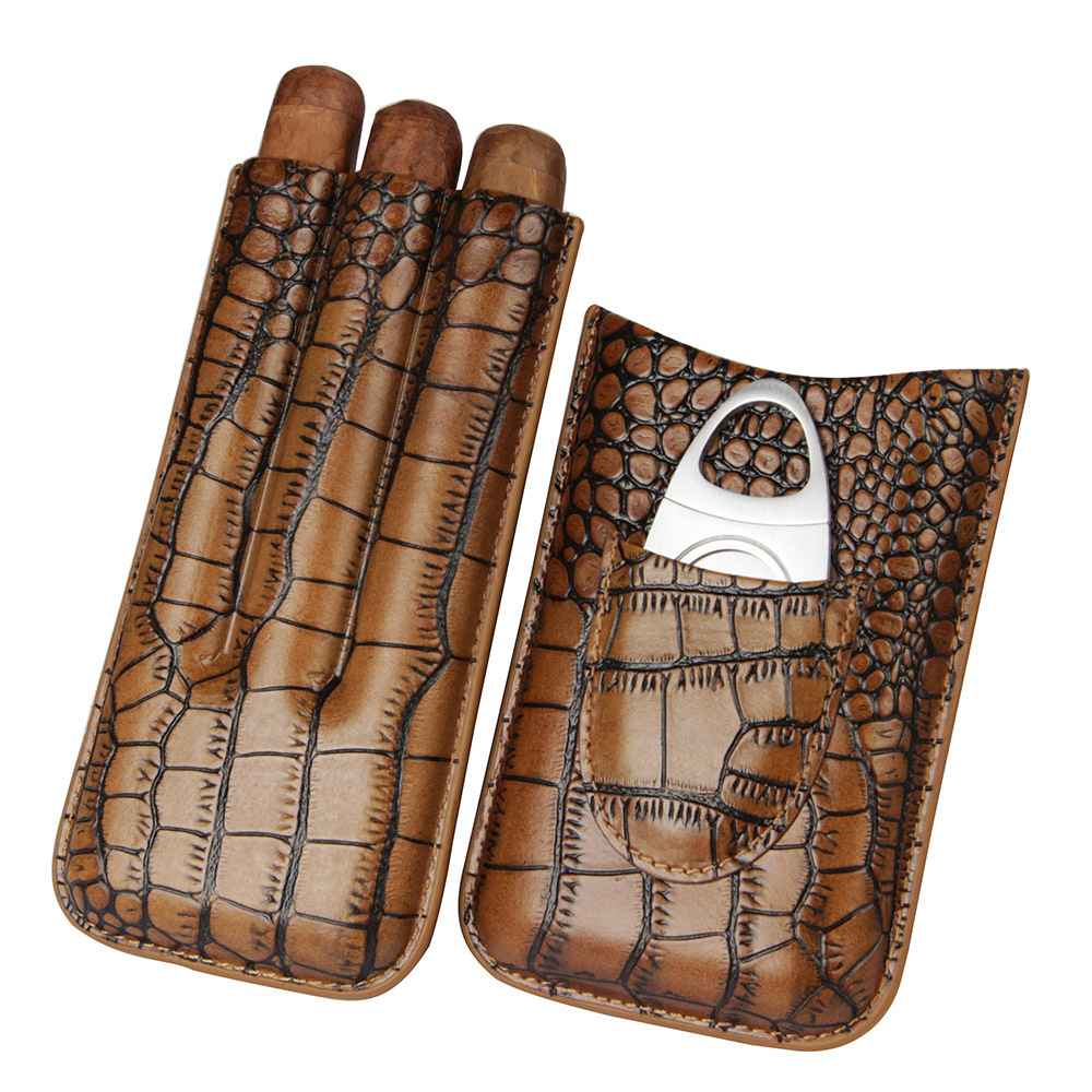 Brown Leather 3 Finger Cigar Case with Cigar Cutter On Sale