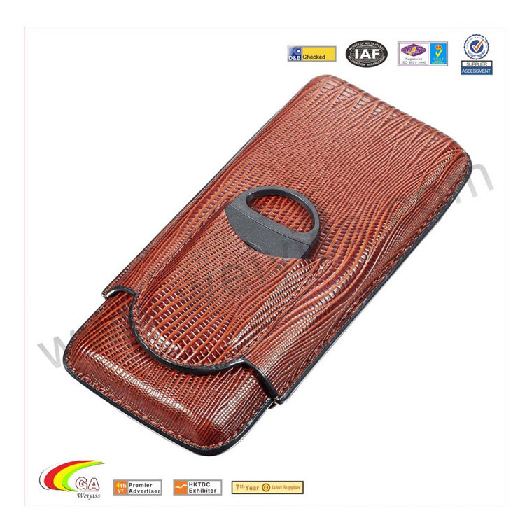 Brown Leather 3 Finger Cigar Case with Cigar Cutter On Sale