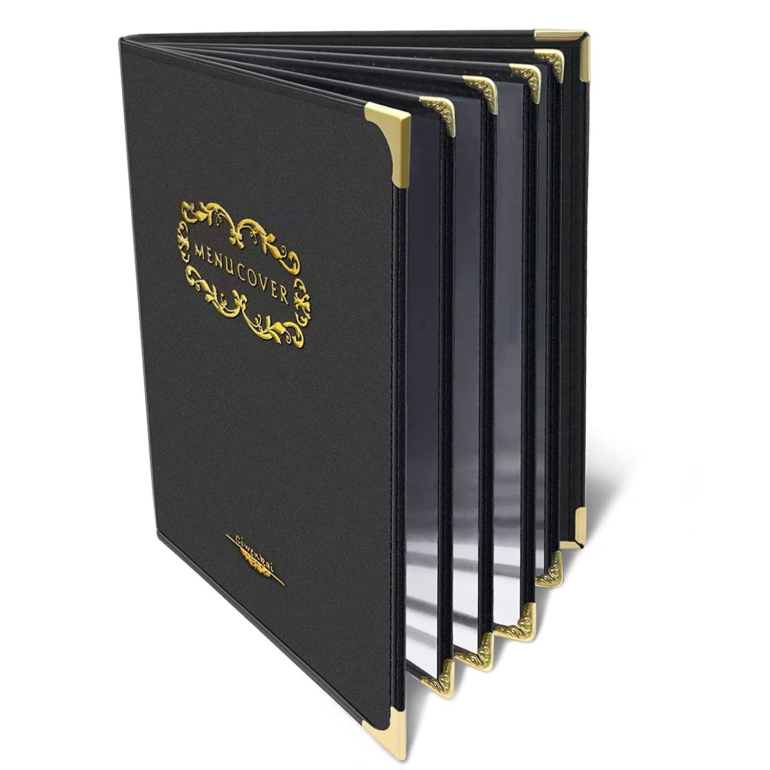 Customized OEM High-end Menu Holder Display 4 Panels 8 Views Luxury Leather Menu Holder with Gold Metal Corners for Restaurant