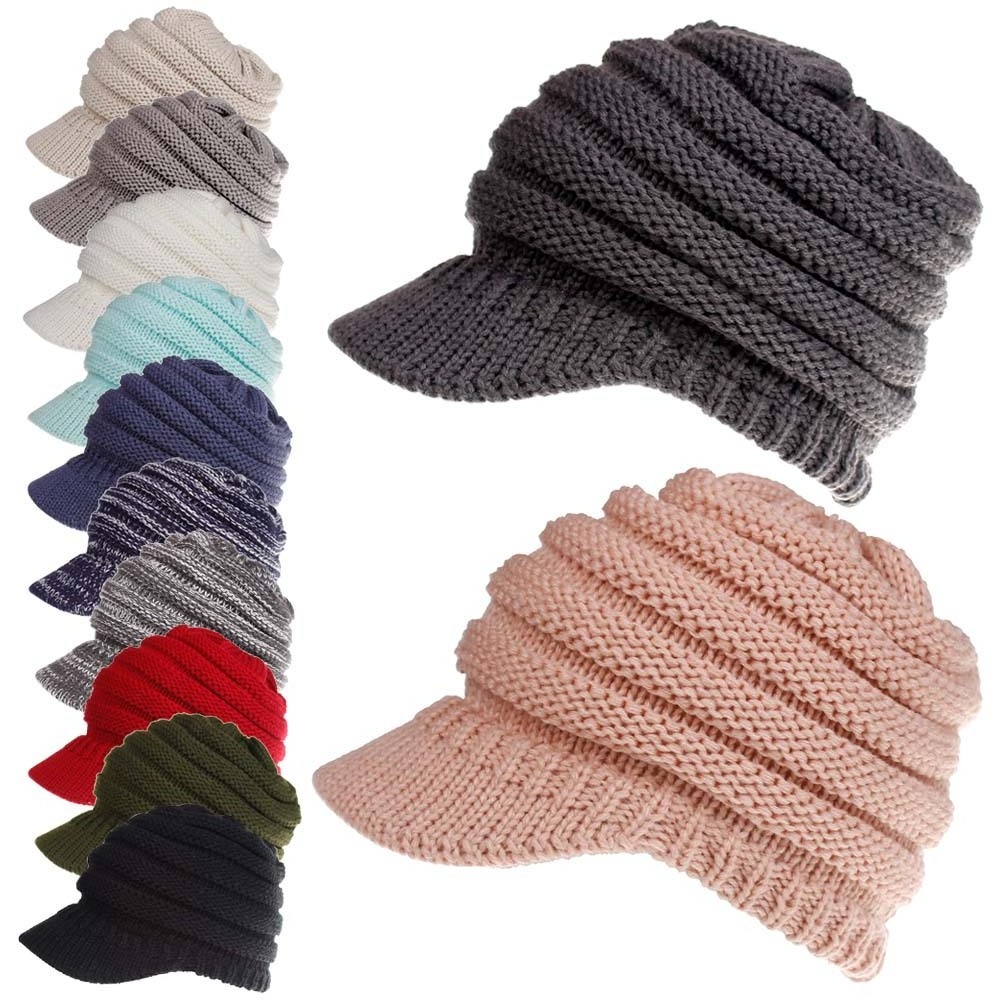 Wholesale High Quality Custom Logo Knit Hats With Ponytail Hole Colored Ladies Winter Beanie For Women