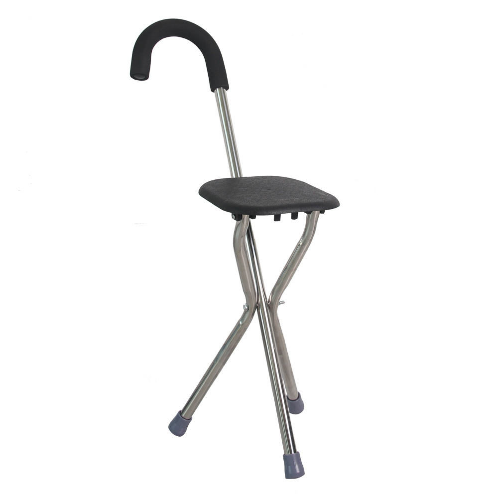 wholesale aluminum alloy walking stick with chair Three Legs Folding Cane Aluminum Folding Seat Walking Stick Chair for elderly