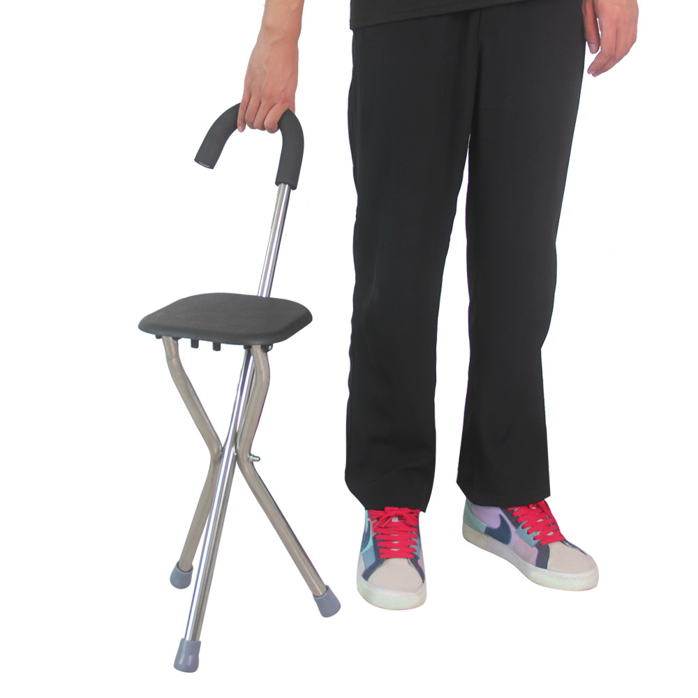 wholesale aluminum alloy walking stick with chair Three Legs Folding Cane Aluminum Folding Seat Walking Stick Chair for elderly