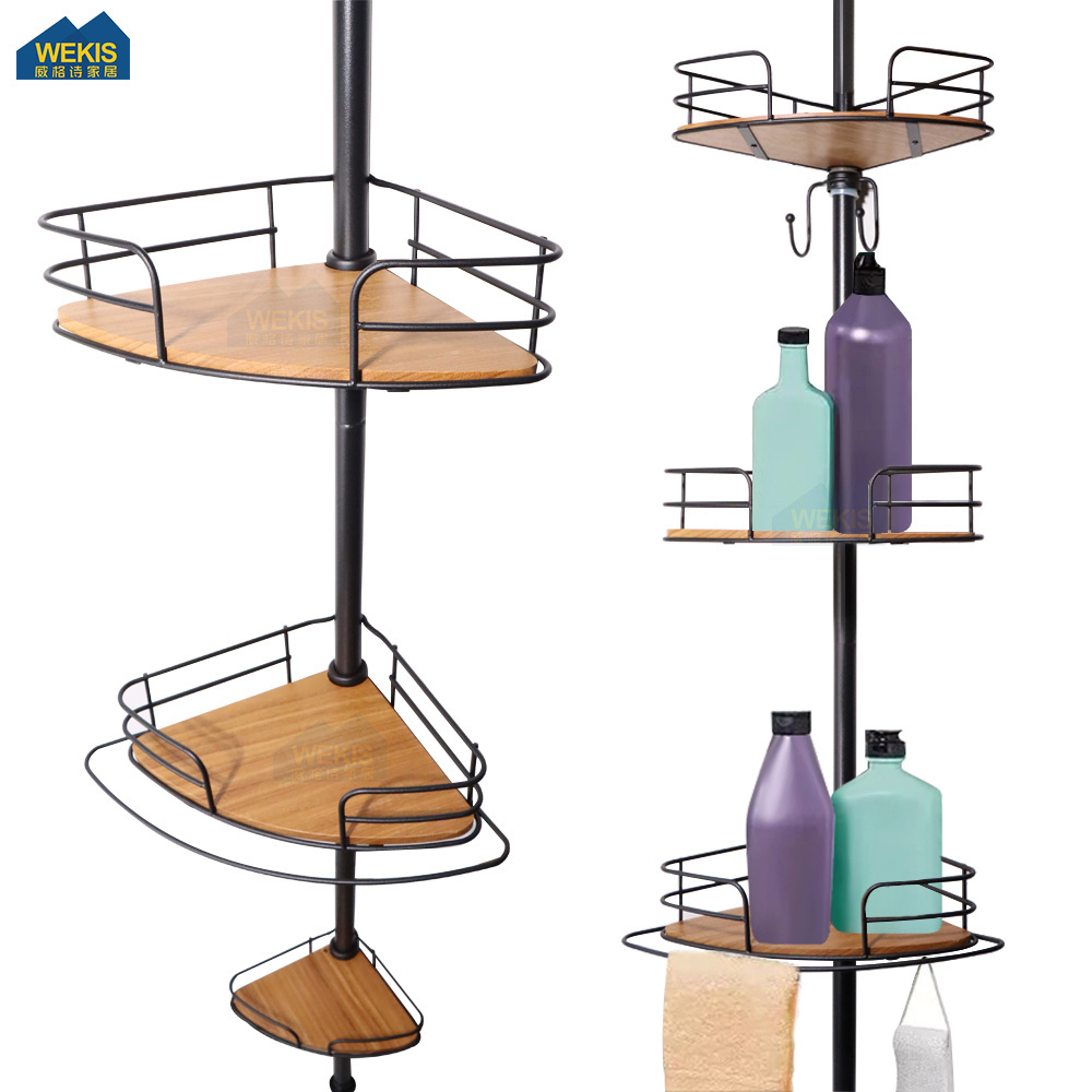 4 Layer Wooden Triangle Toilet Hanging Standing Stainless Steel Four Tier Wall Corner Metal Tension Pole Bathroom Shower Caddy