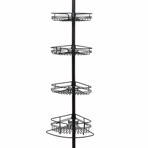 Silver Black 4 Pole Wall Rack Storage Organizer Stainless Steel 4 Tier Telescopic Corner Shower Shelf Caddy Hanging for Bathroom