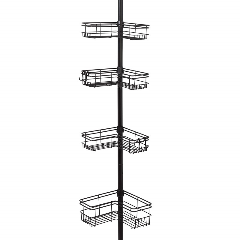 Silver Black 4 Pole Wall Rack Storage Organizer Stainless Steel 4 Tier Telescopic Corner Shower Shelf Caddy Hanging for Bathroom