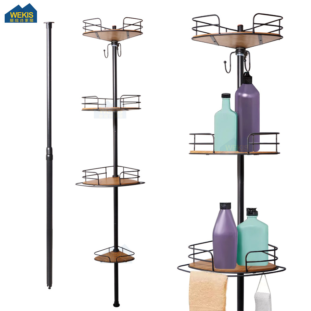 4 Layer Wooden Triangle Toilet Hanging Standing Stainless Steel Four Tier Wall Corner Metal Tension Pole Bathroom Shower Caddy