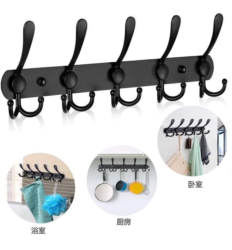 Heavy Duty Wall Mounted Bathroom Wall Mounted Black 5 Hooks SUS 304 Stainless Steel Coat Clothes Robe Towel Hooks Rack