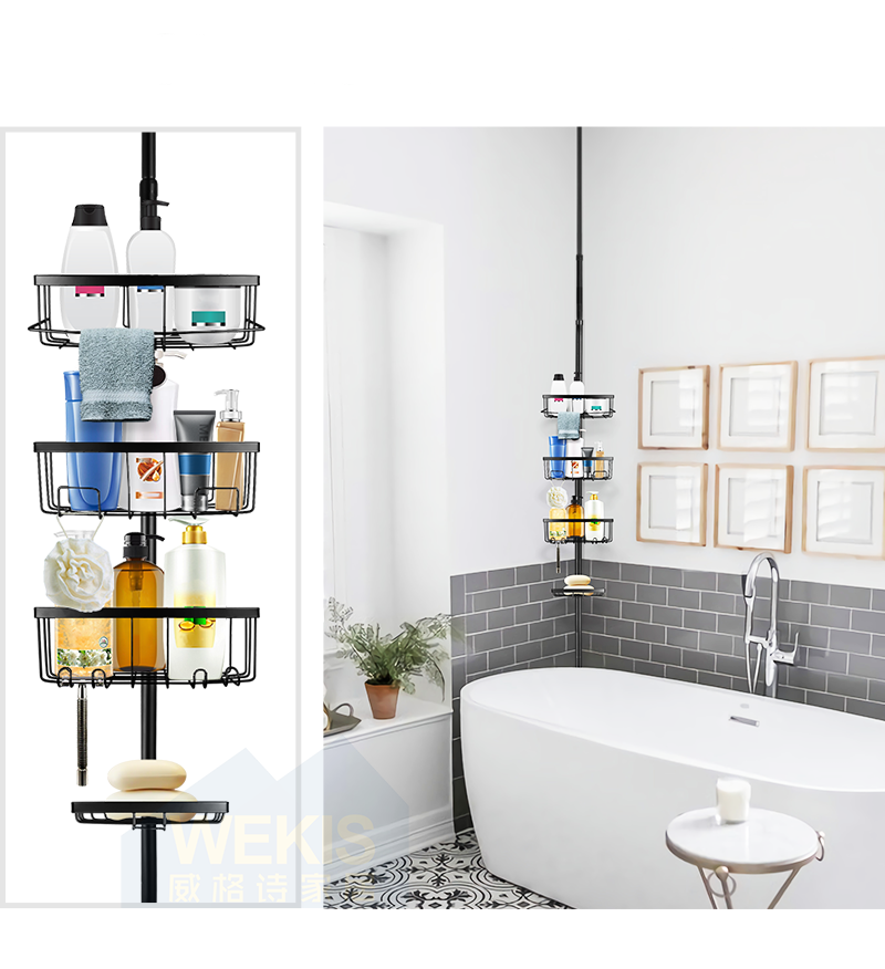 4 Layer Wooden Triangle Toilet Hanging Standing Stainless Steel Four Tier Wall Corner Metal Tension Pole Bathroom Shower Caddy