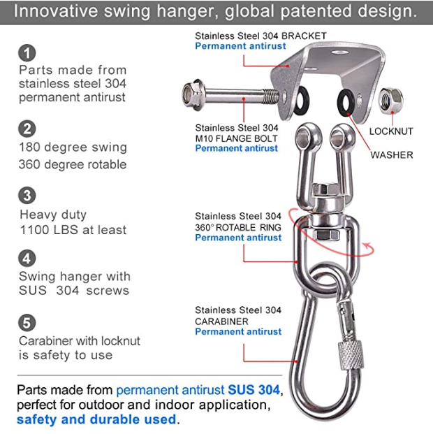 Heavy Duty Stainless Steel Hanging Kit Swing Hangers and Hammock Spring and Swing Swivel Spinner Swivel Hook