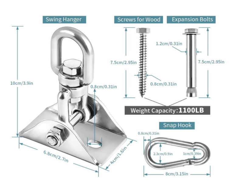 Heavy Duty Swing Hangers - 1100 LB Capacity 304 Stainless Steel Swivel Hooks for Concrete Wooden Swing Set