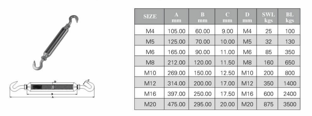 Stainless Steel 304 Turnbuckle Hook and Hook Light Duty Wire Rope Tension