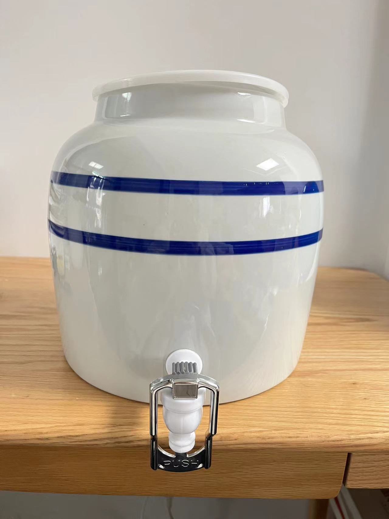 2 Gallon Lead Free Double Blue Stripe Porcelain Ceramic Water Dispenser Crock with Faucet