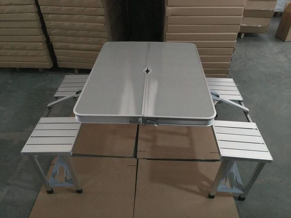 Portable 4-Person Fold Up Travel Picnic Table  Aluminum Picnic Folding Table and Chairs Set with Umbrella hole