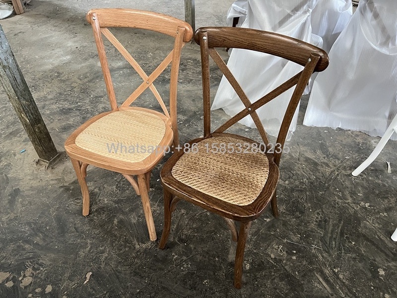 Stackable wholesale brown oak dining rental wedding X back chair wood cross back chair