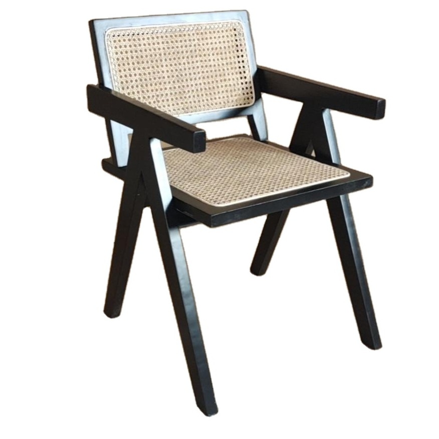 Solid wood black color rattan arm dining chair