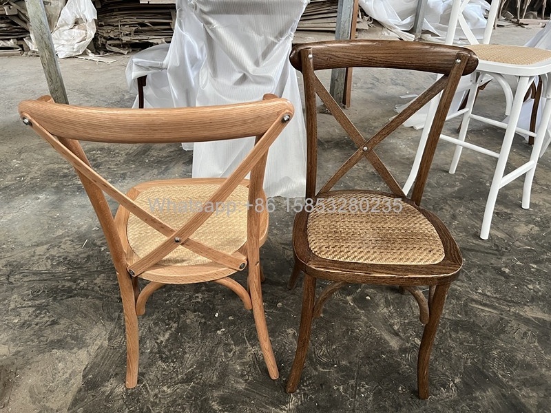 Stackable wholesale brown oak dining rental wedding X back chair wood cross back chair