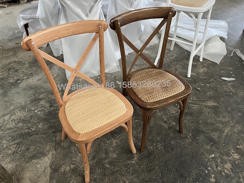 Stackable wholesale brown oak dining rental wedding X back chair wood cross back chair