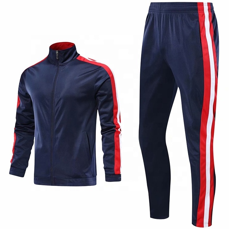 Men blue jackets jersey blank soccer tracksuit customized logo warm up tracksuit with pants