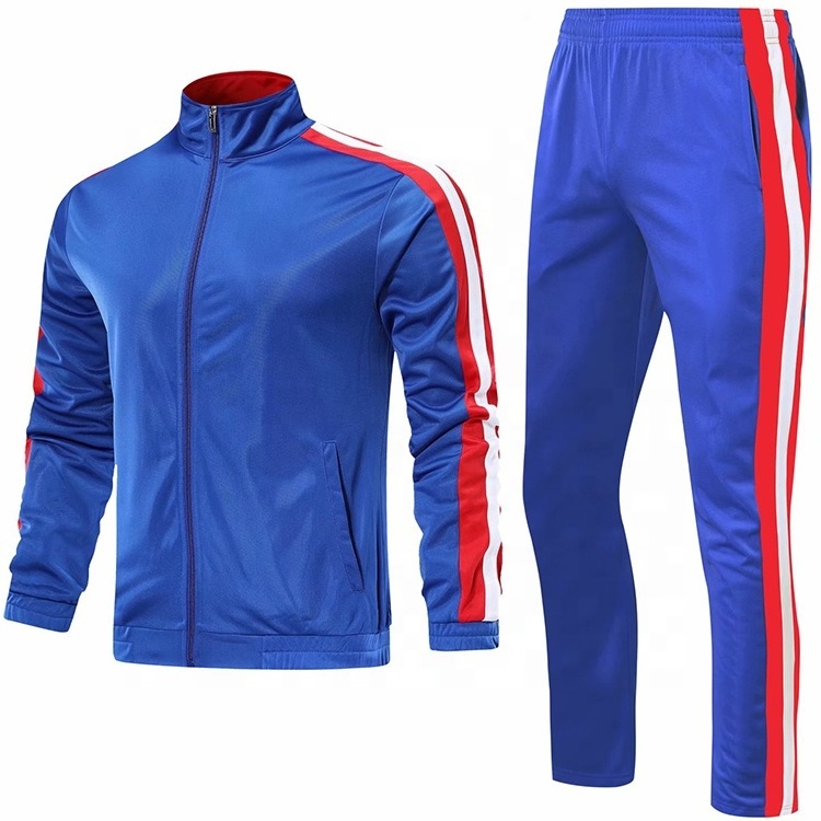 Men blue jackets jersey blank soccer tracksuit customized logo warm up tracksuit with pants