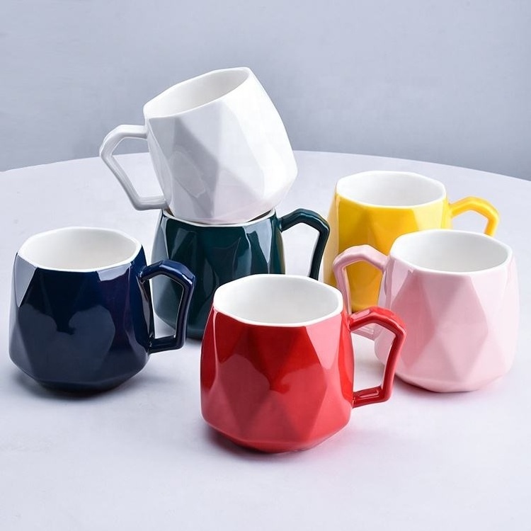 Wholesale High Quality Colorful Modern Simple Geometric Diamond Embossed 400ML Ceramic Coffee Cup Handmade Mug