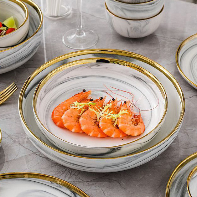 Fasion Gold Rim Plate Pratos Ceramic Grey Pink pratos Marble Porcelain Dinner Sets Luxury Tableware Dish Plate Bowl Set