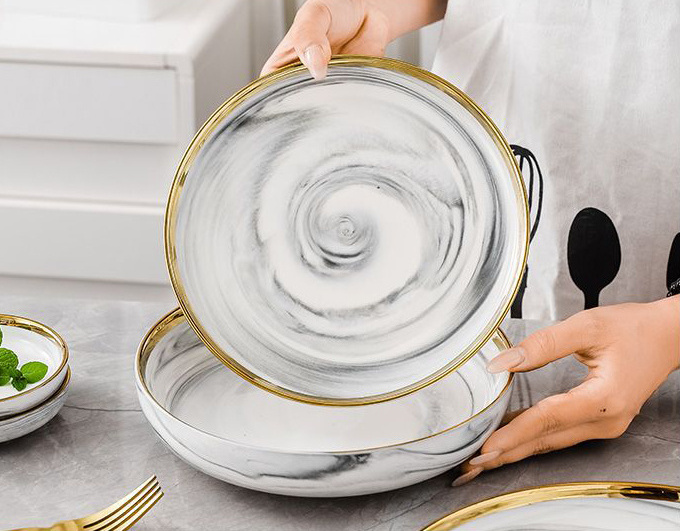 Fasion Gold Rim Plate Pratos Ceramic Grey Pink pratos Marble Porcelain Dinner Sets Luxury Tableware Dish Plate Bowl Set