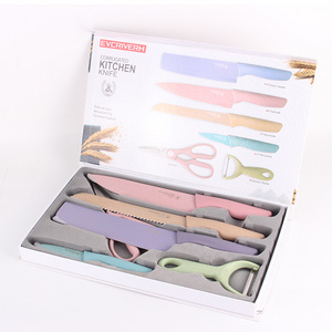 wholesale 6Pcs Cooking Accessories set Peeler Scissors pocket chef fruit bread Colorful knives Stainless Steel Kitchen knife set