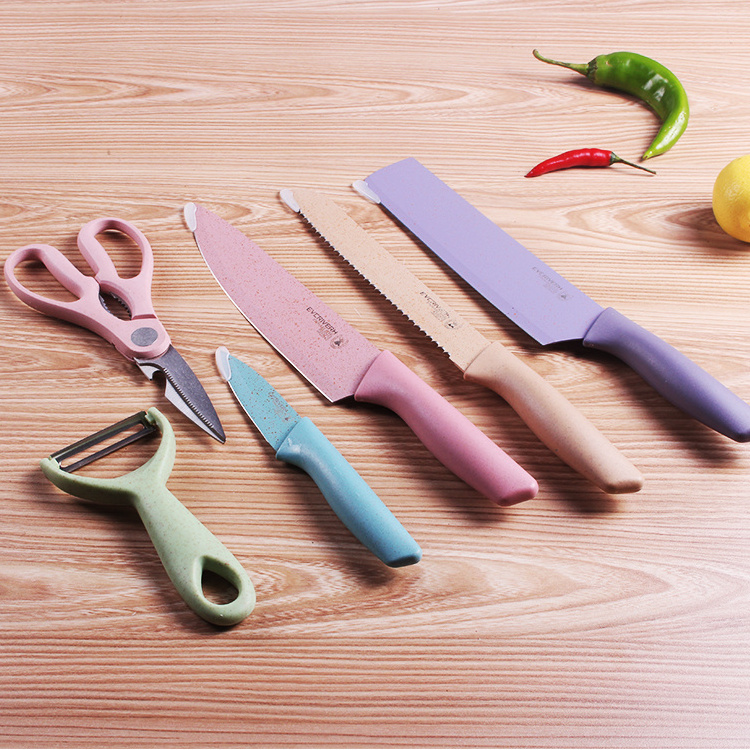 wholesale 6Pcs Cooking Accessories set Peeler Scissors pocket chef fruit bread Colorful knives Stainless Steel Kitchen knife set