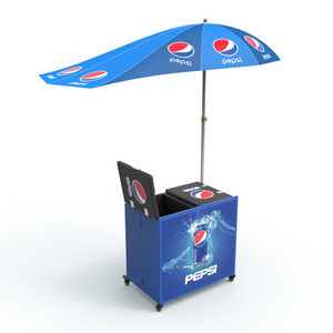 Outdoor folding promotion table with wheels and solar umbrella