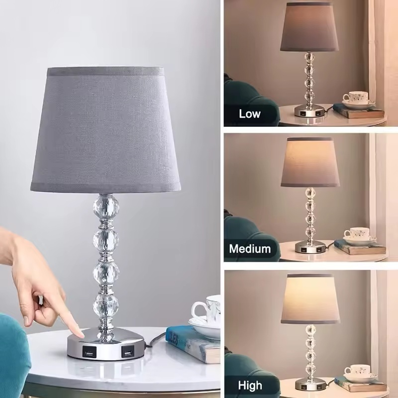 Nordic Modern Hotel Bedside Luxury Led Table Lamp Decorative Crystal Fabric Contemporary Double USB Light for Bedroom