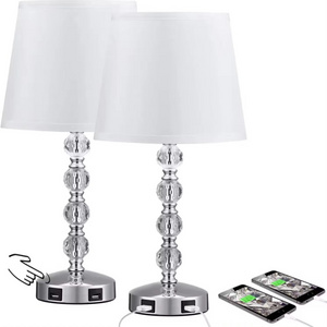 Nordic Modern Hotel Bedside Luxury Led Table Lamp Decorative Crystal Fabric Contemporary Double USB Light for Bedroom